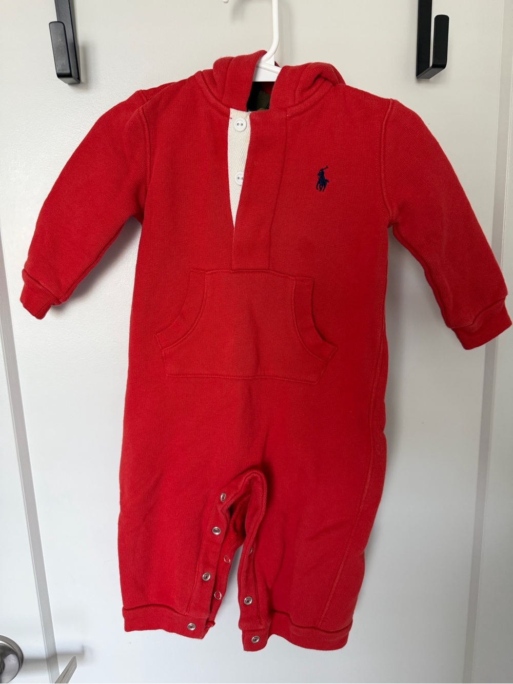 Ralph Lauren Red Hooded Baby Footie with Pocket